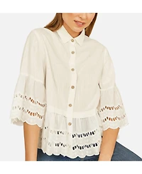 Yumi Women's 34 Sleeve Relaxed Scallop Trim Shirt