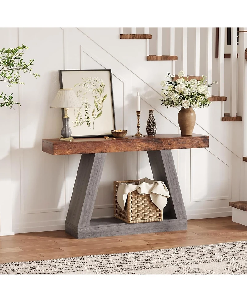 gaomon Farmhouse Console Table with Trapezium Design - 55" Wooden Sofa Table with Open Storage Shelf