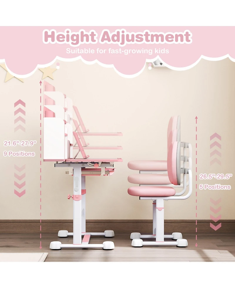 Gouun Kids Height-Adjustable Study Desk and Chair with Tilt Desktop and Pen Holder