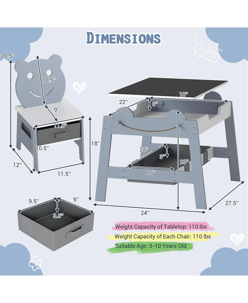 Gouun 5-in-1 Toddler Table and 2 Chairs with Reversible Chalkboard Whiteboard