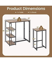 Gouun 3-Piece Bar Height Table Set with Storage Shelves and 2 Stools