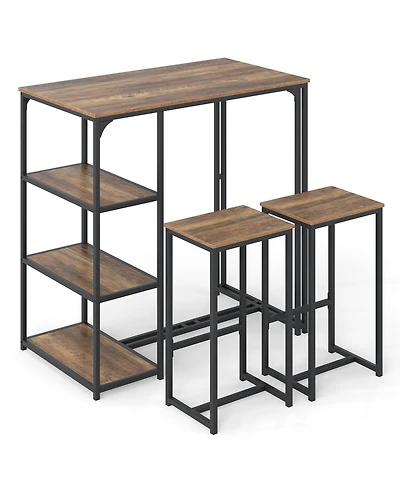 Gouun 3-Piece Bar Height Table Set with Storage Shelves and 2 Stools