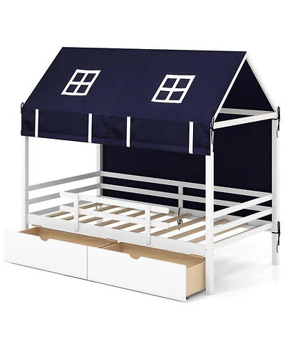 Gouun Twin House Bed with Removable Tent Canopy and 2 Rolling Storage Drawers