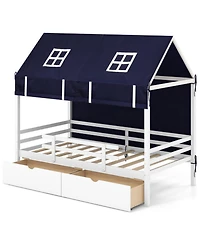 Gouun Twin House Bed with Removable Tent Canopy and 2 Rolling Storage Drawers