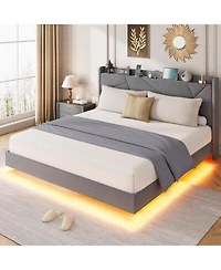 Homfan Floating Upholstered Bed Frame with Led Lights, Charging Headboard and Storage Shelf, Box Spring Not Required