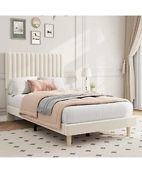 Homfan Velvet Bed Frame, Vertical Channel Tufted Headboard, Height Adjustable, Upholstered Platform Bed, No Box Spring Needed