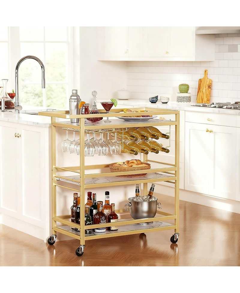 Yigii Bar Cart with Wine Rack & Glass Holder with Removable Tray - Swivel Casters