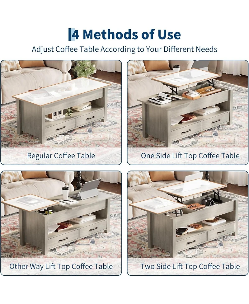 gaomon 47.2'' Lift-Top Coffee Table with Storage, Wooden Lift Tabletop, 2 Drawers & Hidden Compartment