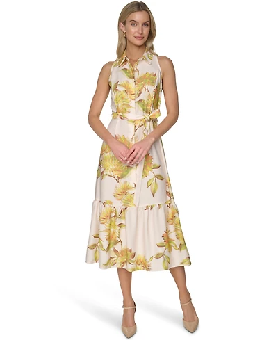Calvin Klein Petite Printed Collared Neck Midi Shirt Dress