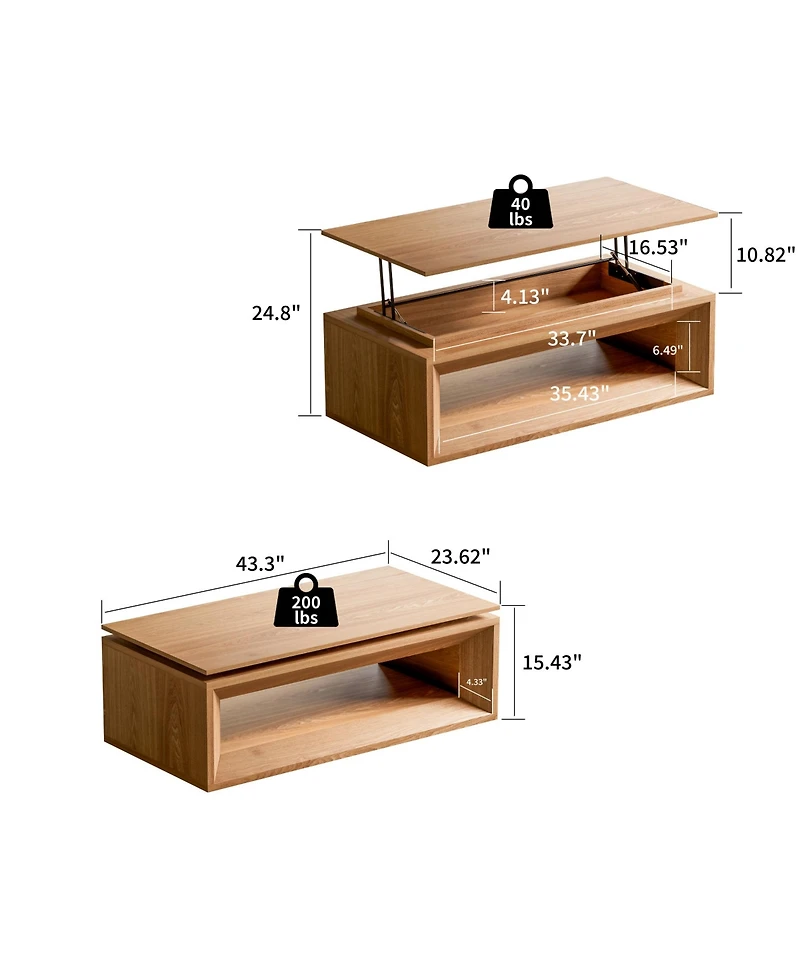 Rainsken 43.3'' Lift-top Coffee Table, Rectangle Center Table with Storage and Adjustable Height, Solid Wood Veneered for Living Room