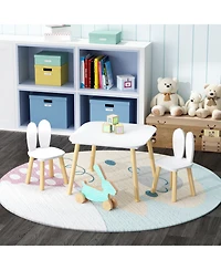 Rainsken 3 Piece Wood Table and Chair Set, w/ 2 Rabbit Themed Chairs, Wood Activity Table Drawing Play Table Set, Age 2-6 Boys Girls