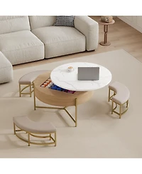 Rainsken Modern Round Lift-Top Coffee Table with Hidden Storage and 3 Ottoman, Nesting Center Table Set for Living Room and Office