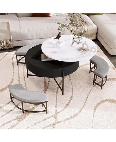 Rainsken Modern Round Lift-Top Coffee Table with Hidden Storage and 3 Ottoman, Nesting Center Set for Living Room Office