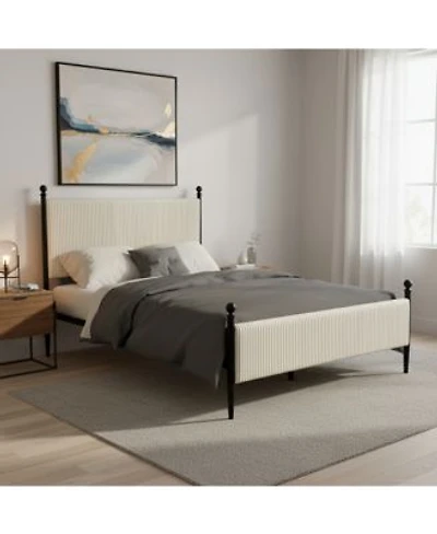 Homfan Modern Corduroy Upholstered Bed Frame Vertical Striped Soft Headboard Wooden Slats Heavy Duty Metal Legs No Box Spring Needed