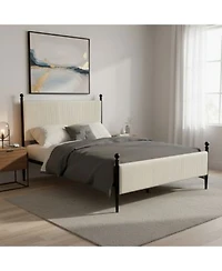 Homfan Modern Corduroy Upholstered Bed Frame Vertical Striped Soft Headboard Wooden Slats Heavy Duty Metal Legs No Box Spring Needed