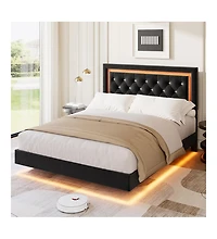 Homfan Floating Upholstered Bed Frame with Led Diamond Headboard and Wood Slats, Available Full, Queen, King