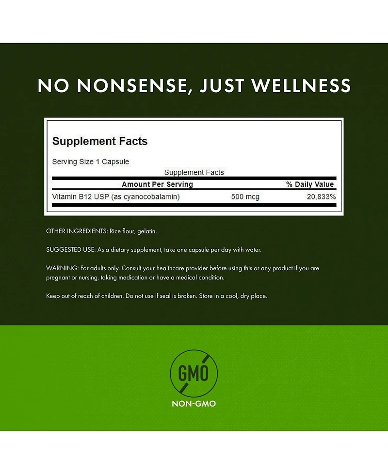 Swanson Vitamin B12 Cyanocobalamin 500mcg Each, 250 Capsules Energy, Nervous System, and Overall Wellness Support