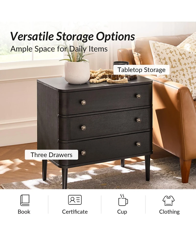 Hulala Home Cridford Modern 3-Drawer End Table and Curved Body with Solid Wood Legs Built-in Outlet