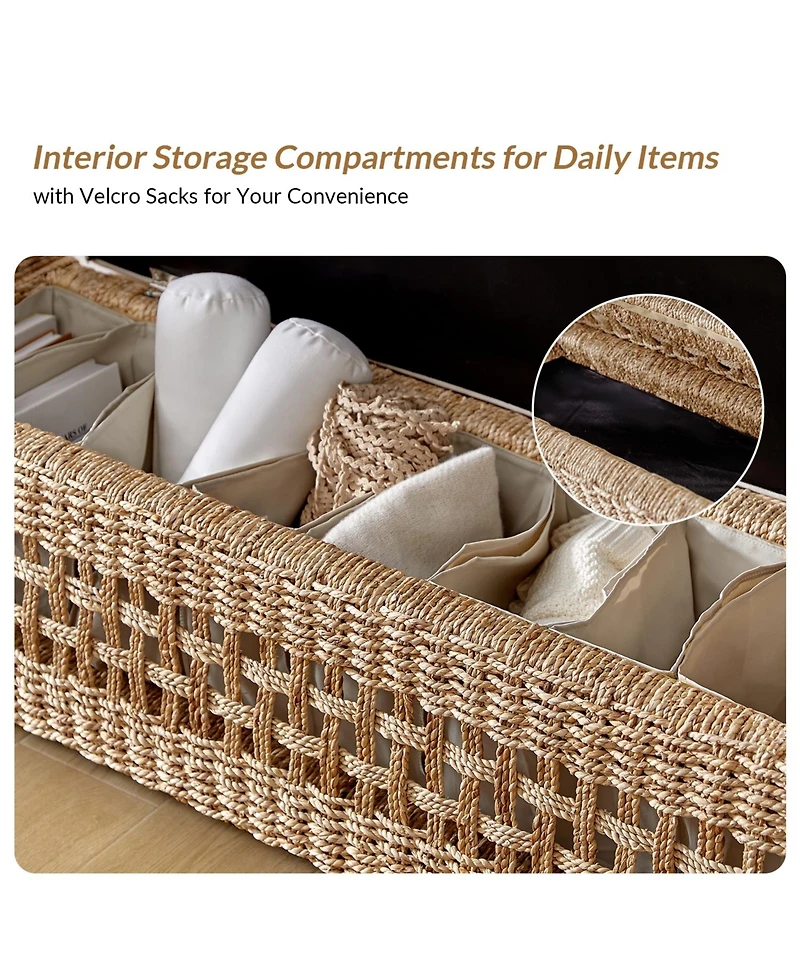 Hulala Home Anesty Flip Compartment Storage Rattan Upholstered Bench with Two Pillows and Solid Wood Feet