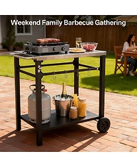 Flynama 2-Tier Outdoor Grill Cart with Stainless Steel Top and Tool Hooks