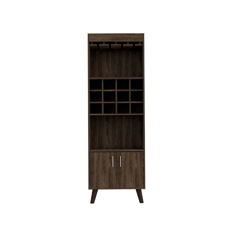 Flynama Dark Walnut Bar Cabinet with 12 Built-in ack, Double Door and 9-Glass Stemware Rack