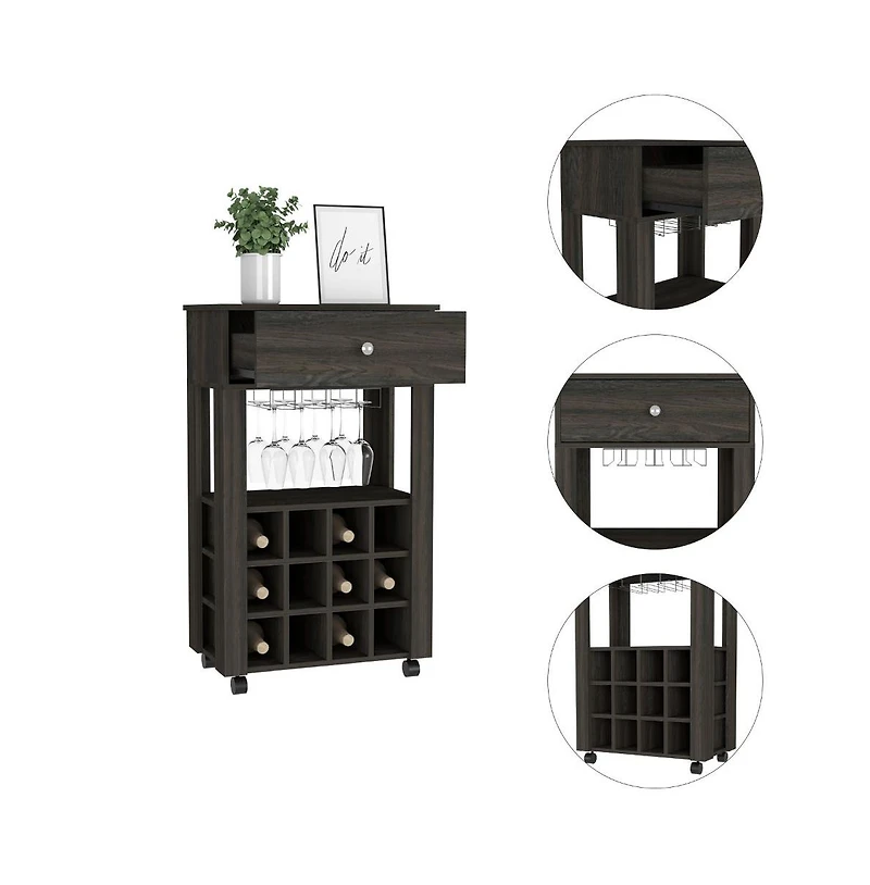 Flynama Espresso Bar Cart with 12 Built-in Rack, 8-Glass Rack and Spacious Drawer