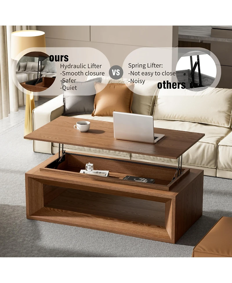 Rainsken 43.3'' Adjustable Lift Top Coffee Table, Rectangular Living Room Center Table with Hidden Storage and Solid Wood Veneer Finish for Office