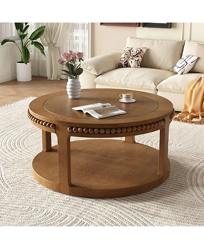 Rainsken Round Coffee Table, 2-Tier Solid Wood Center Table with Ball-Joint Beaded Edge and Sturdy Legs for Living Room, Office