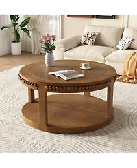 Rainsken Round Coffee Table, 2-Tier Solid Wood Center Table with Ball-Joint Beaded Edge and Sturdy Legs for Living Room, Office