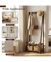 Gouun Freestanding Solid Rubber Wood Coat Rack with 3 Hooks and 2 Shelves