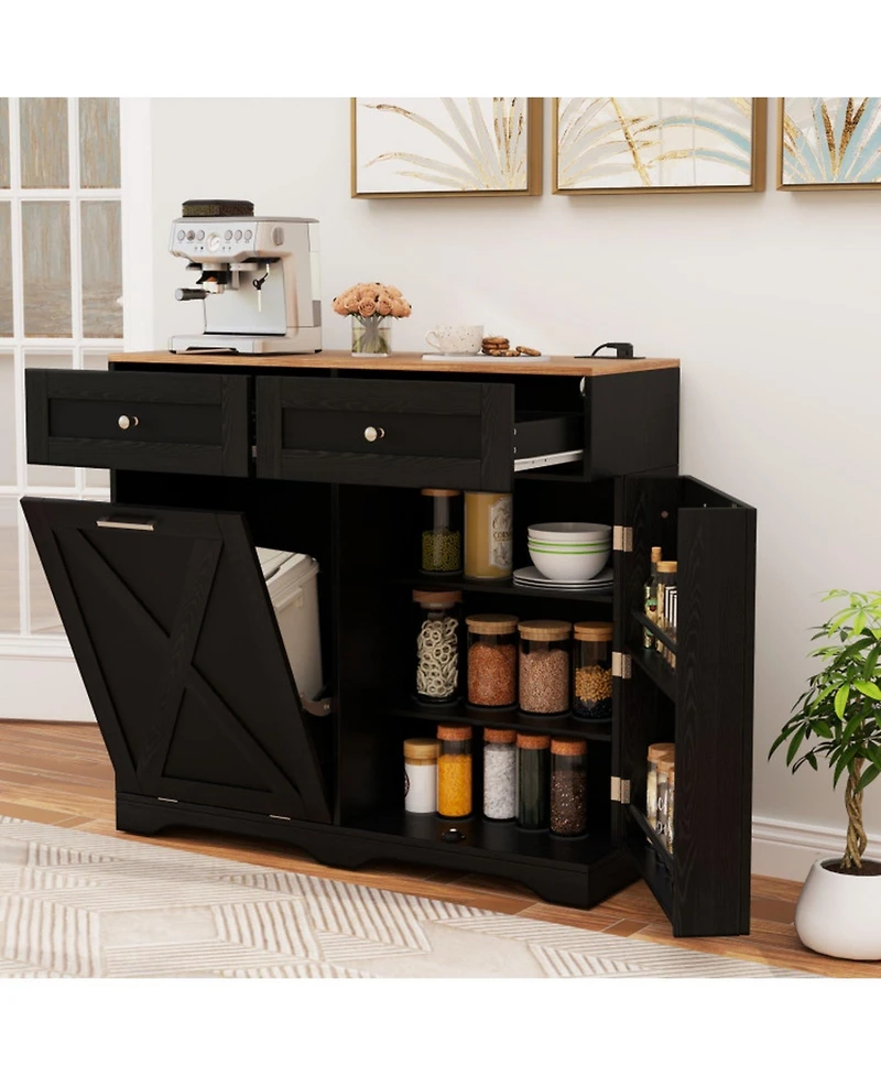 Gouun 39.5 x 36 in Tilt-Out Trash Can Cabinet with Built-In Outlets and Adjustable Shelves