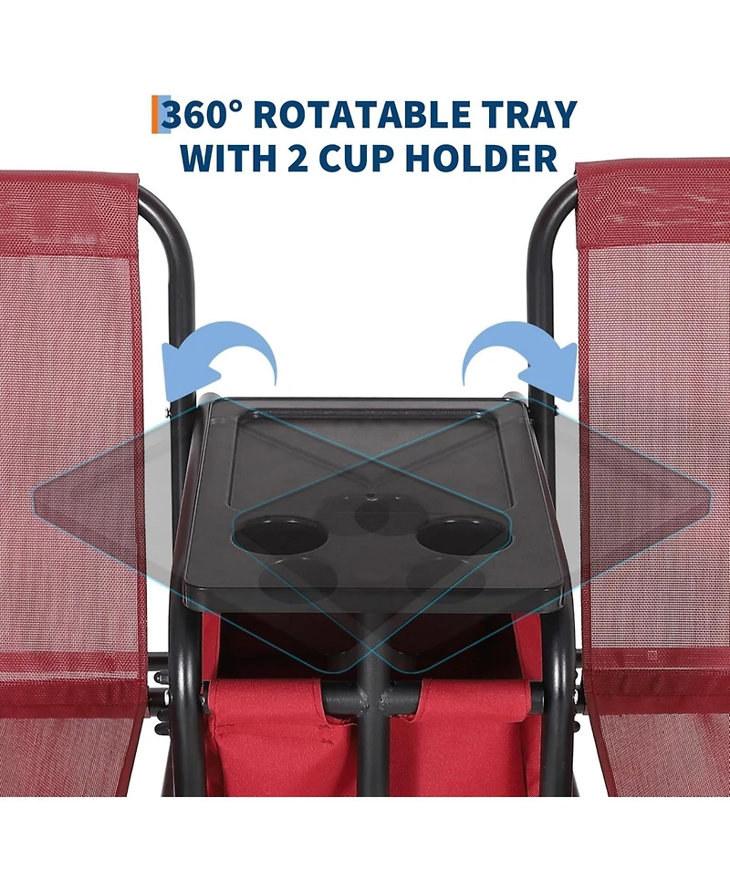 Homfan 2-Person Outdoor Canopy Swing Chair with Built-In Cooler, Cup Holders and Pivot Table, Heavy-Duty Steel Frame Patio Swing