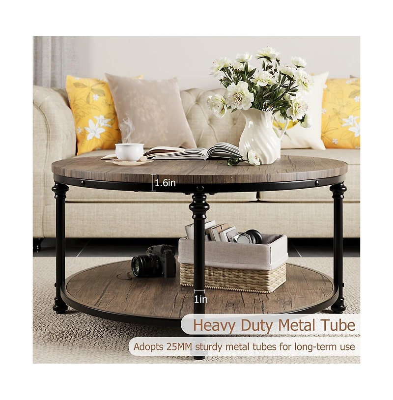 Homfan 34.25 in Industrial Farmhouse Round Coffee Table with 2 Tier Wood Design, Open Storage Shelf, Metal Frame, Easy Assembly