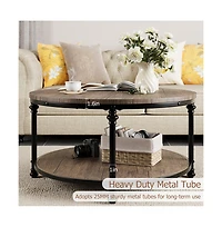 Homfan 34.25 in Industrial Farmhouse Round Coffee Table with 2 Tier Wood Design, Open Storage Shelf, Metal Frame, Easy Assembly