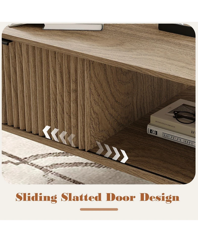 Homfan Coffee Tables for Living Room, Farmhouse Center Table with Hidden Storage and Fluted Sliding Door, Dining Table for Home Apartment Office