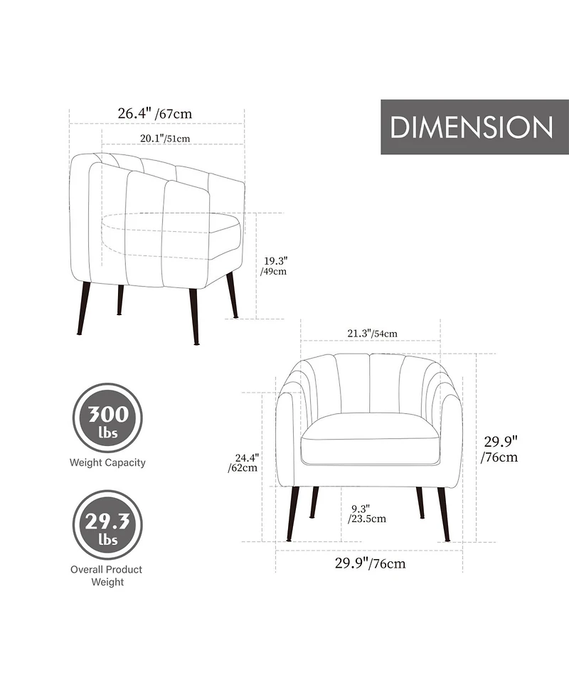 Streamdale Furniture Chenille Barrel Accent Chair, Metal Legs, Tufted