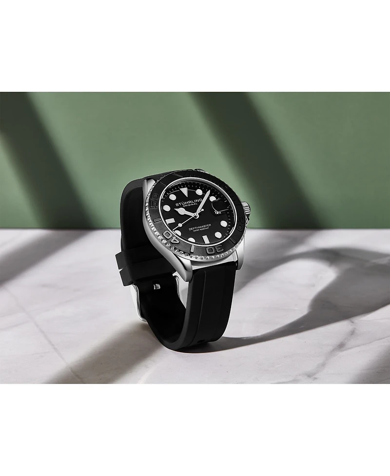 Stuhrling Depthmaster 4072 Men s Quartz Diver Watch – 42mm, Black Dial, Silicone Strap, Rotating Bezel, Date, 100M Water Resistant