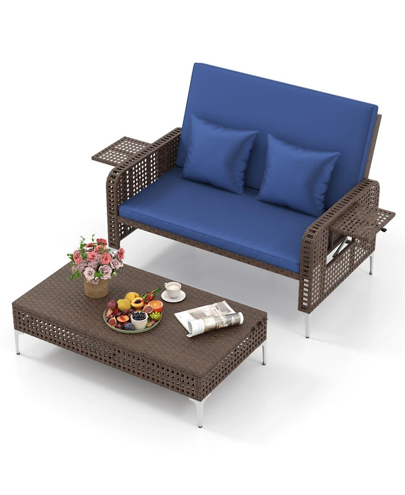 Sugift 2 Piece Patio Rattan Daybed Wicker Loveseat and Ottoman with Adjustable Backrest