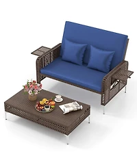 Sugift 2 Piece Patio Rattan Daybed Wicker Loveseat and Ottoman with Adjustable Backrest