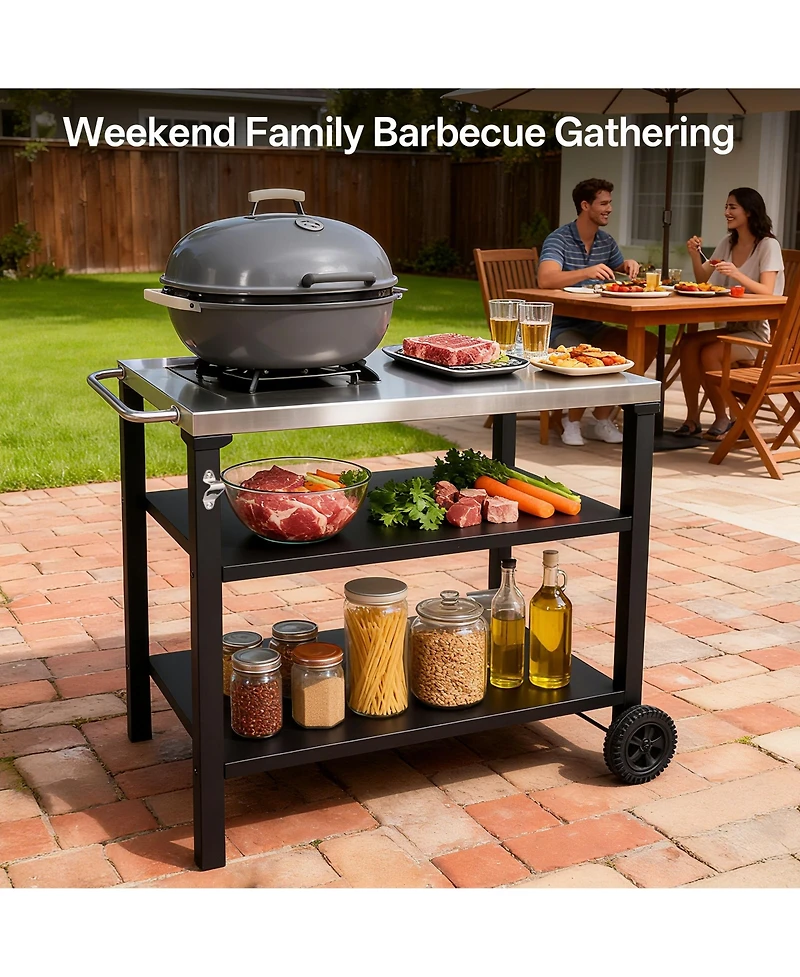 Flynama 3-Tier Black Outdoor Grill Cart with Stainless Steel Top