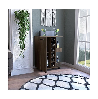 Flynama Dark Bar Cart with 4 Casters, Cabinet and 6 Bottle Cubbies