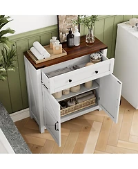 flynama White Farmhouse Coffee Bar Cabinet with Walnut Top and Drawer