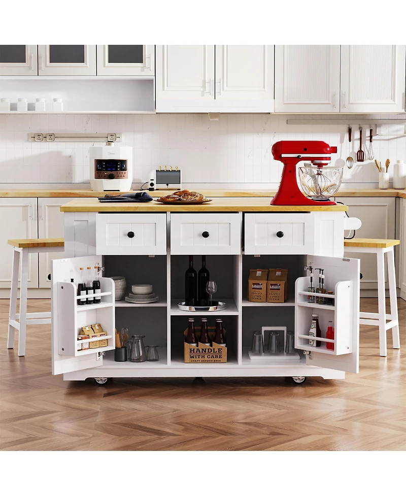 Flynama 53" White Kitchen Island with 2 Bar Stools and Power Outlet, Rolling Storage Cart on 5 Wheels