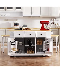 Flynama 53" White Kitchen Island with 2 Bar Stools and Power Outlet, Rolling Storage Cart on 5 Wheels