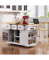 Flynama 53" White Kitchen Island with 2 Bar Stools and Power Outlet, Rolling Storage Cart on 5 Wheels