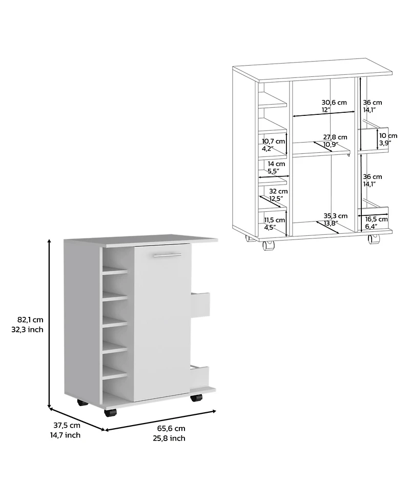 Flynama Cabot Bar Cart with 6 Wine Cubbies, 2 Side Shelves and Casters