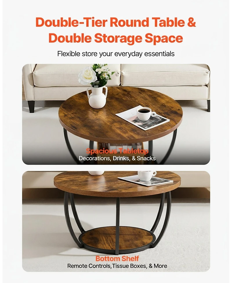 Gouun Modern 2-Tier Round Coffee Table with Metal Frame