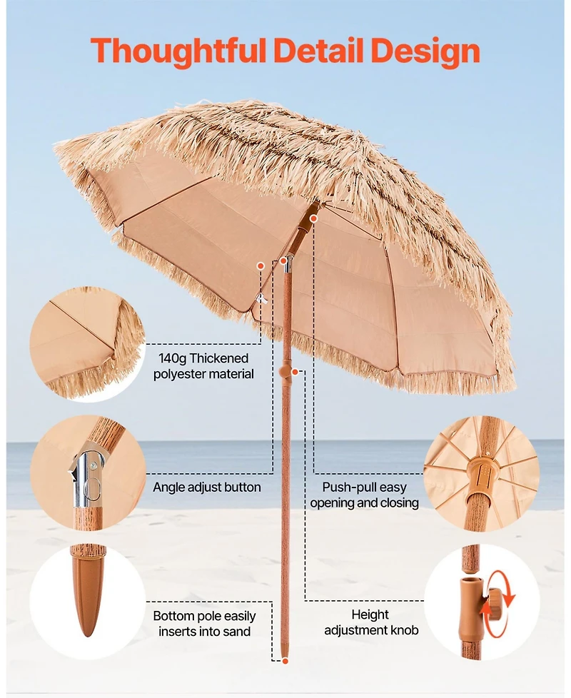 Gouun 6.5 ft Thatched Tiki Patio Umbrella with 30-Degree Tilt and 8 Metal Ribs