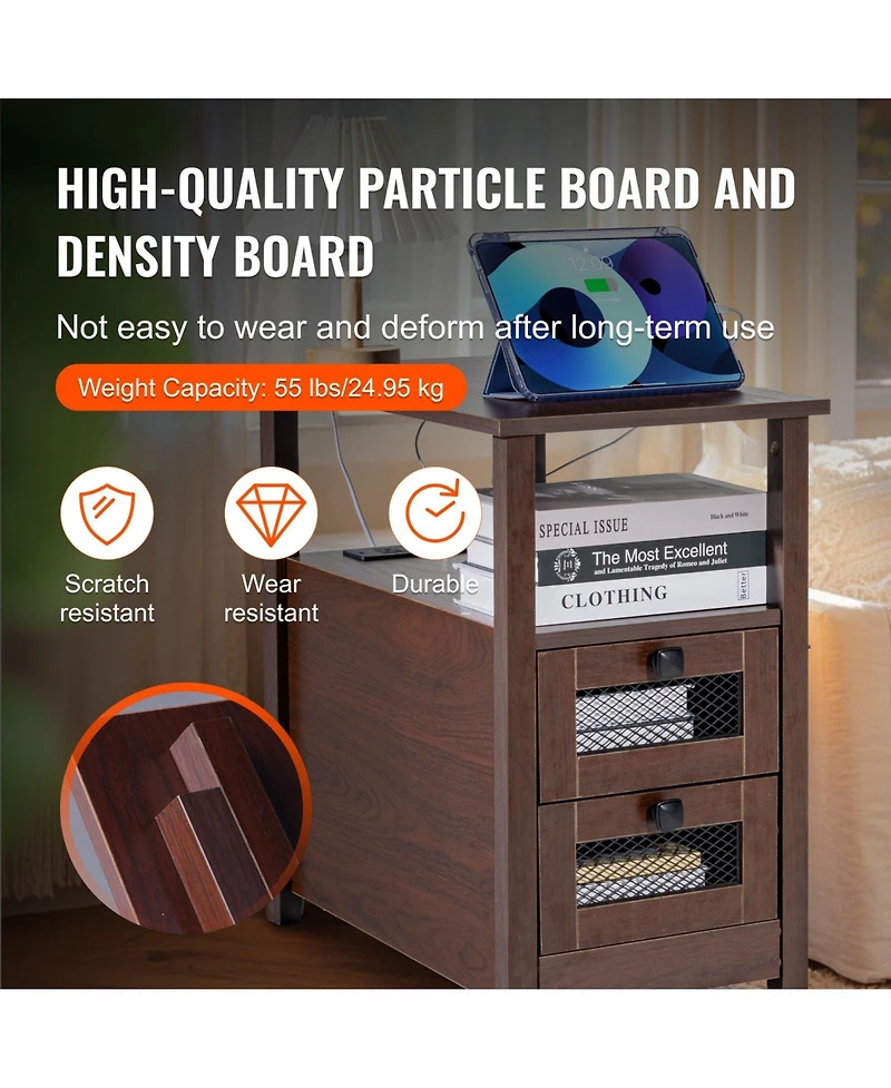 Gouun Farmhouse End Table with Charging Station, 4-Tier Storage, 23.98 x 14.02 x 24.02 in