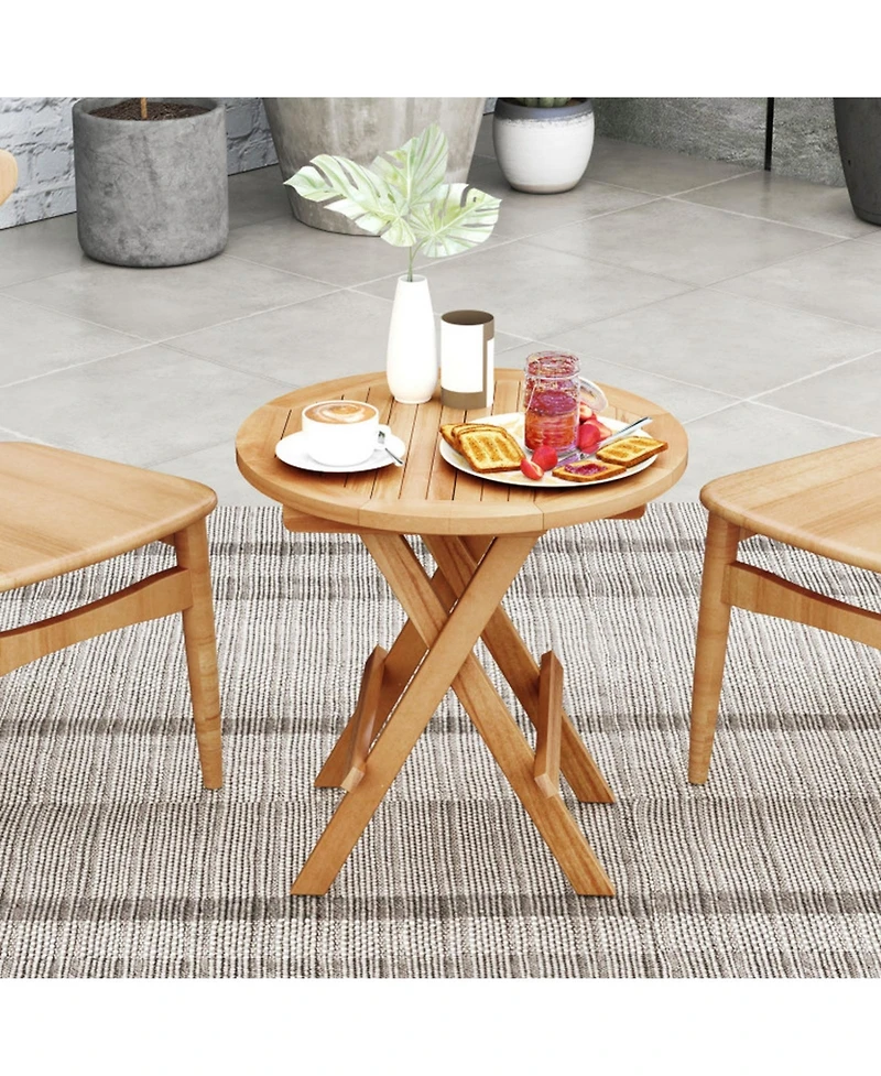 Gouun Folding Teak Wood Outdoor End Table with Slatted Top and X-Shaped Legs